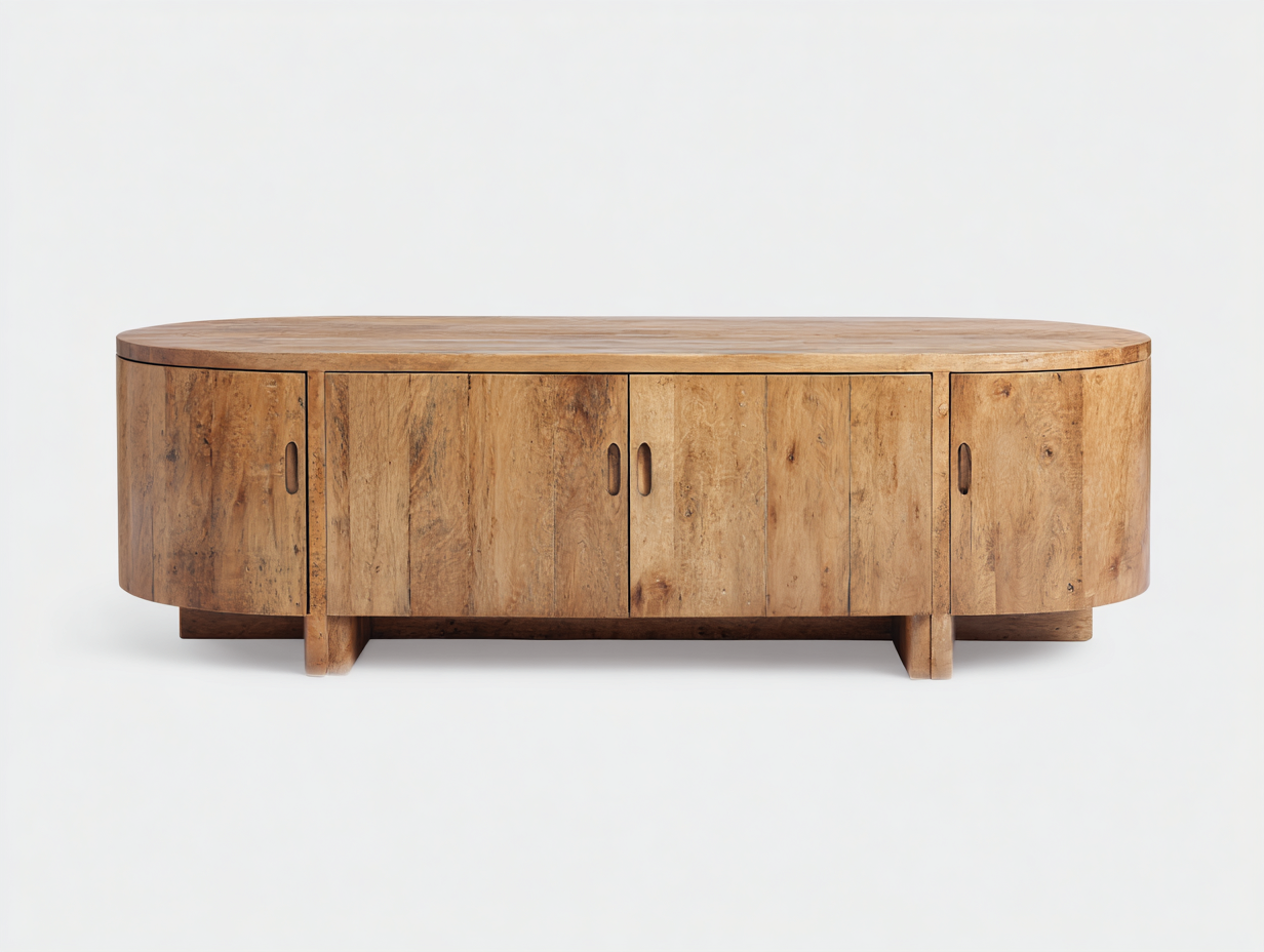 Lowboard-Massivholz-180×45×55 cm-Hellbraun-vier Türen mit Griffmulden für Wohnzimmer-Monarainterior