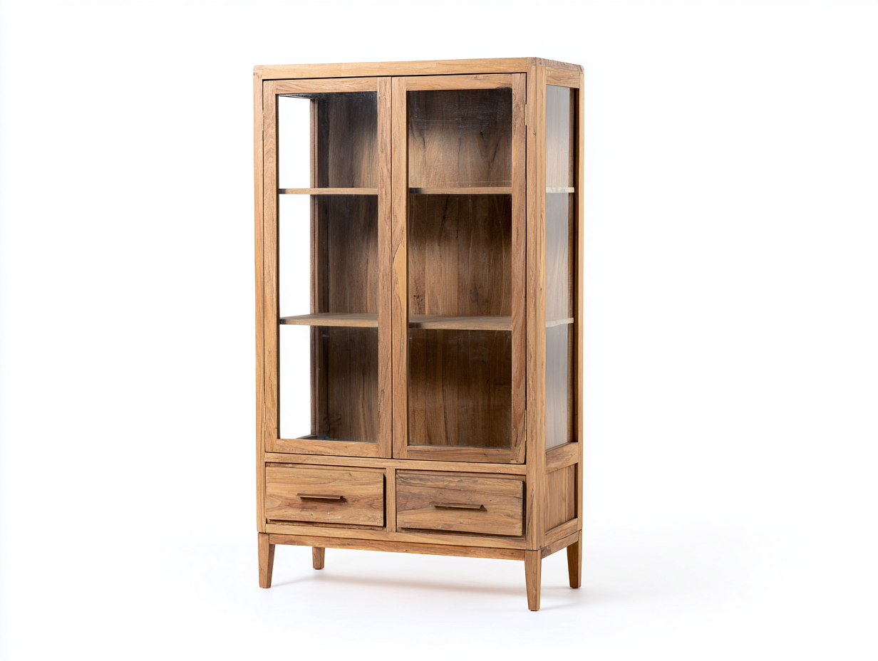 Vitrine-Massivholz/Glas-100×42×185 cm-Naturbraun-zwei Glastüren und zwei Schubladen für Wohnzimmer-Monarainterior