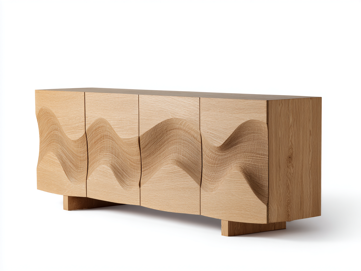 Lowboard-Eichenholz-190×45×68 cm-Naturhell-vier Türen mit durchgehendem Wellenrelief für Wohnzimmer-Monarainterior