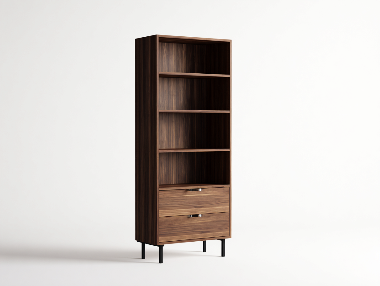 Bücherregal-Walnussholz-Metall-76×36×190 cm-Dunkelbraun/Schwarz-mit offenem Stauraum fürs Wohnzimmer-Monarainterior