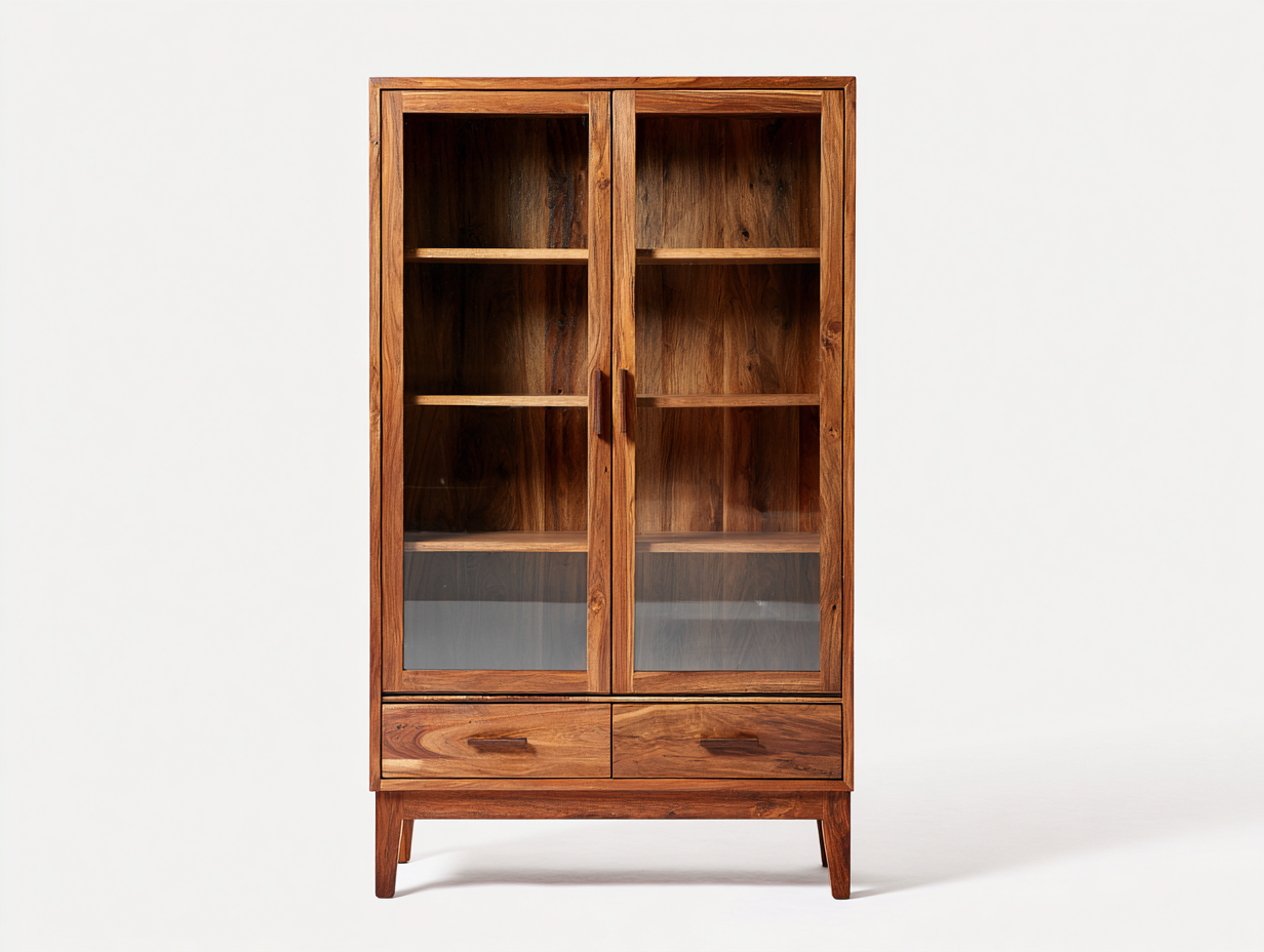 Vitrine-Akazienholz/Glas-95×40×190 cm-Warmbraun-vier Sichtfächer mit zwei Schubladen für Wohnzimmer-Monarainterior