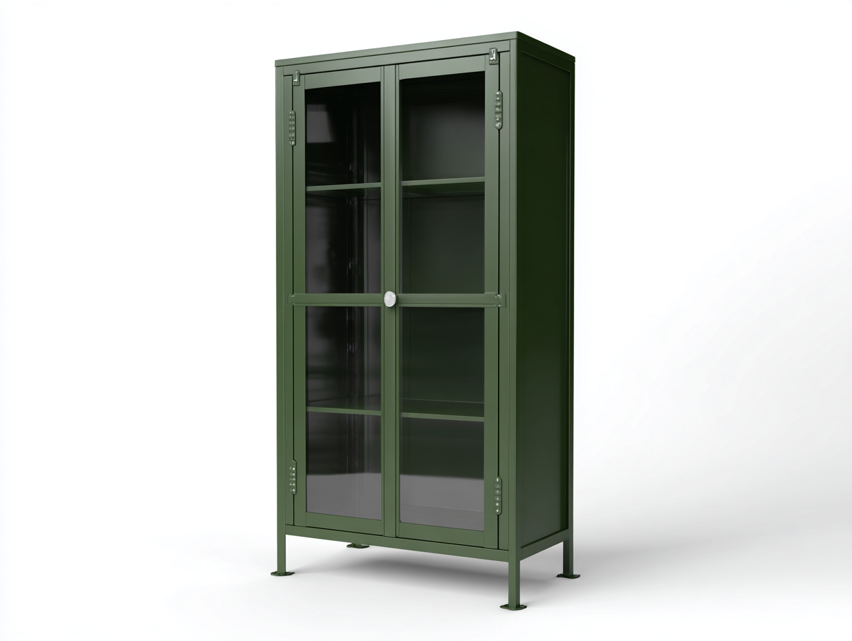 Vitrine-Metall-Glas-82×38×172 cm-Dunkelgrün-erhöhte Standfüße fürs Wohnzimmer-Monarainterior
