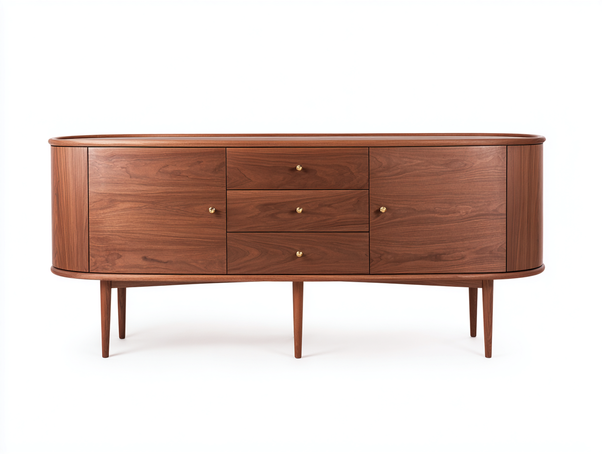 Lowboard-Holz-200×47×82 cm-Walnussbraun/Gold-ovales Stauraumdesign fürs Wohnzimmer-Monarainterior