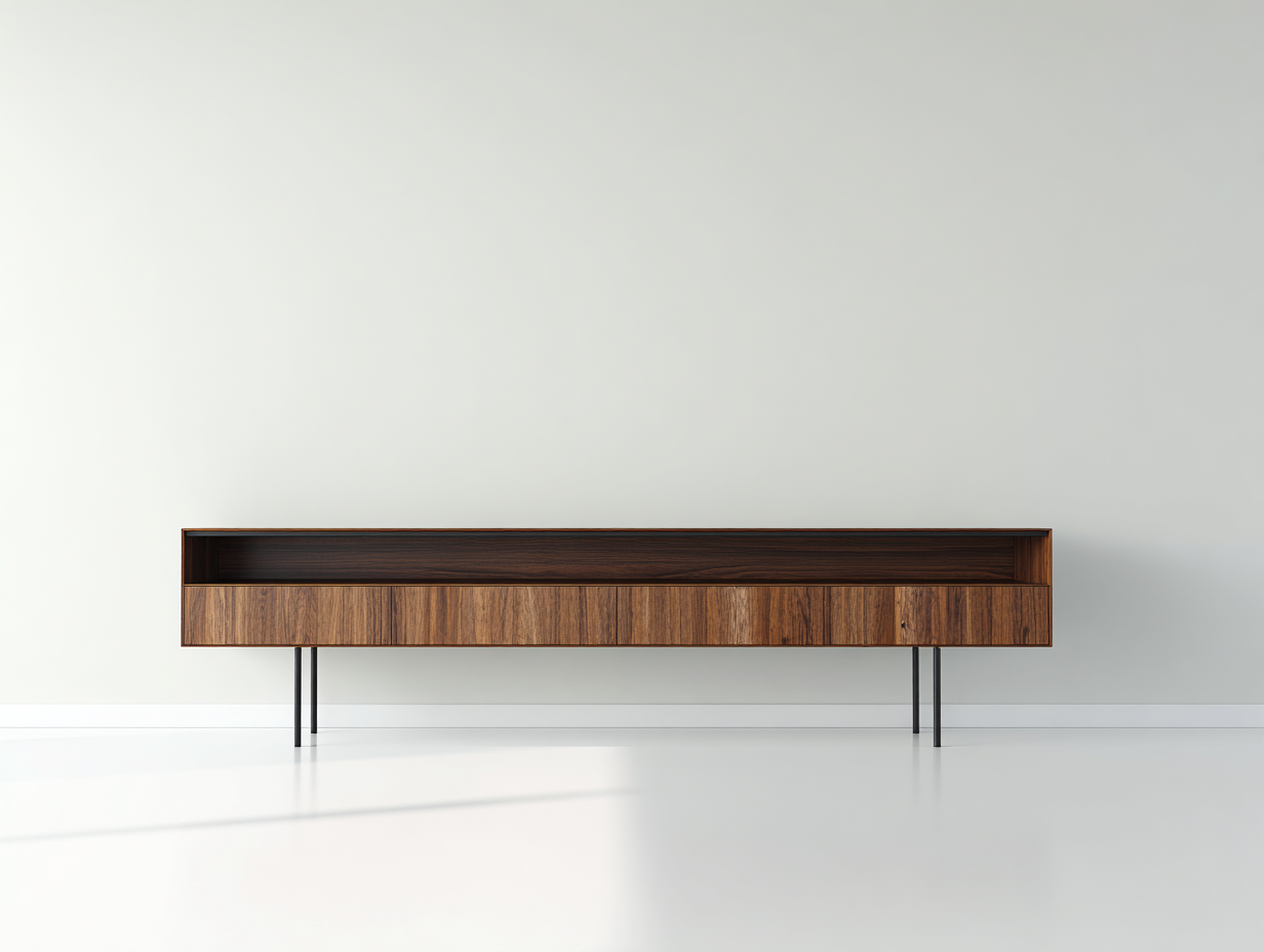 Lowboard aus Holzwerkstoff 220 × 40 × 58 cm – Dunkles Nussbaumbraun – mit offenem Gerätefach-Janorvihaus