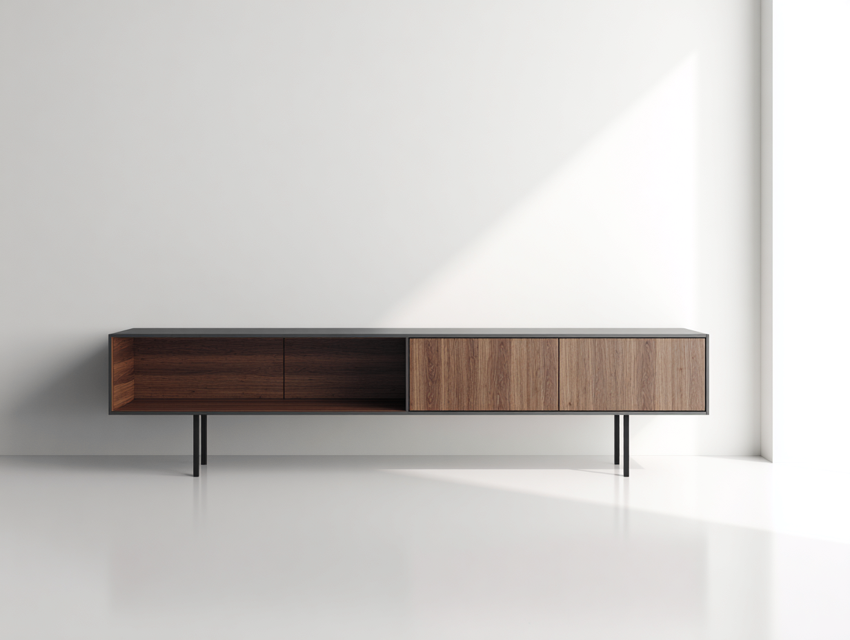 Lowboard Holzwerkstoff 220×40×55 cm Walnussbraun-Dunkelgrau für Wohnzimmer – mit 2 Türen und 2 offenen Fächern-Janorvihaus