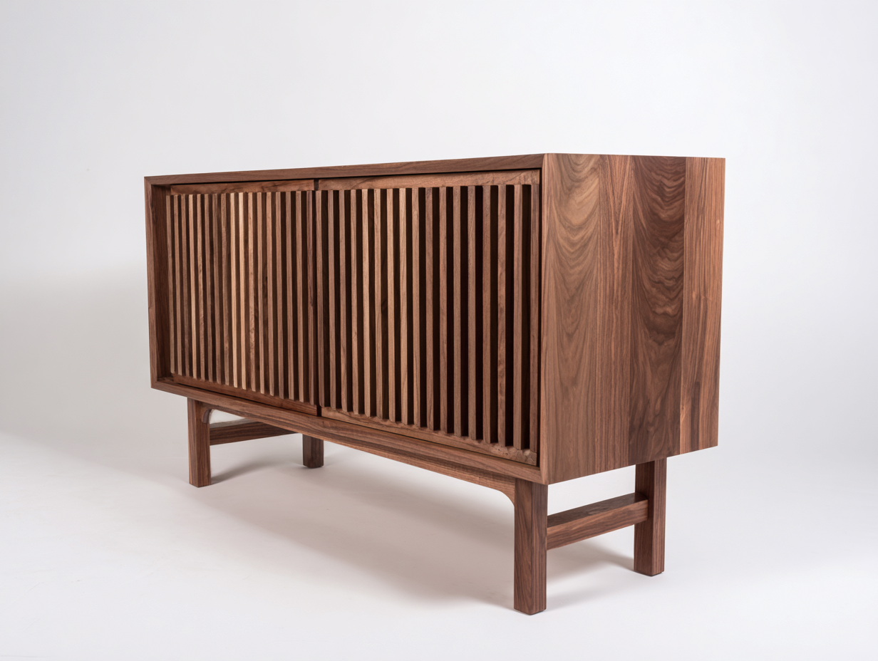 Lowboard aus massivem Nussbaumholz 150×42×78 cm Nussbaum für Wohnzimmer – mit 2 Lamellentüren-Janorvihaus