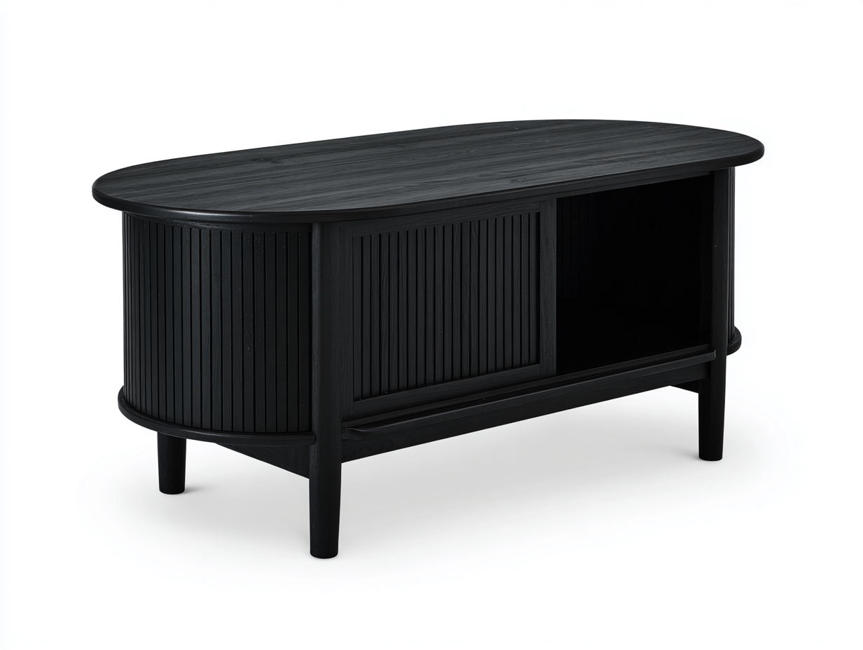 Couchtisch 120 × 55 × 48 cm Schwarz – Holzdekor mit geriffelter Schiebetür und offenem Fach-Janorvihaus