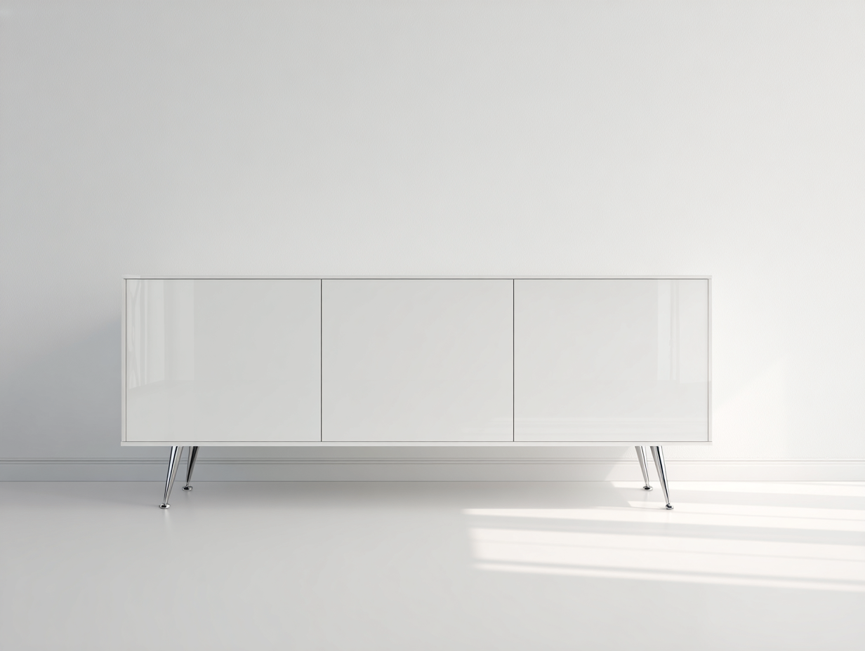 Lowboard Holzwerkstoff 180×42×58 cm Weiß-Silber für Wohnzimmer – Hochglanz mit 3 Türen-Janorvihaus