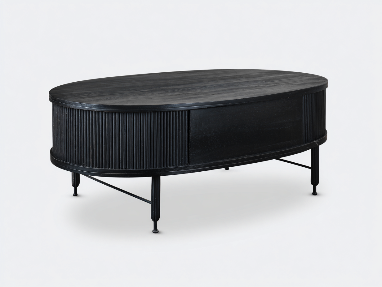 Couchtisch 125 × 62 × 45 cm Schwarz – Holzoptik mit Rillenfront und geschlossenem Fach-Janorvihaus