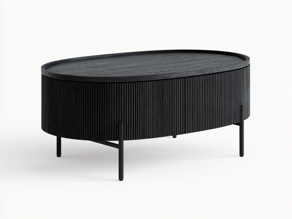 Couchtisch 118 × 60 × 48 cm Schwarz – ovaler Reliefkorpus mit Ablagerand und Stauraum-Janorvihaus