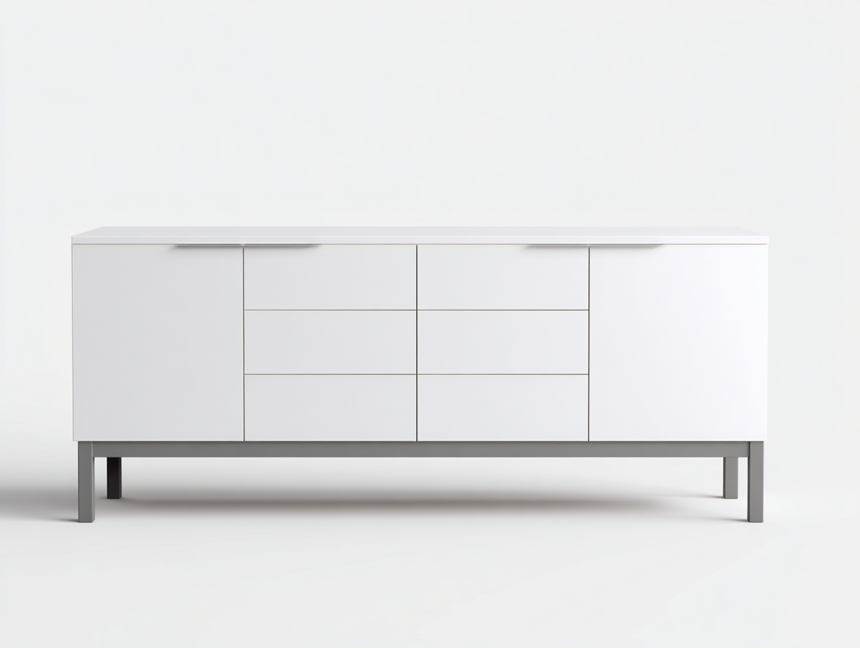 Lowboard Holzwerkstoff 180×40×78 cm Weiß-Grau für Wohnzimmer – mit 2 Türen und 6 Schubladen-Janorvihaus