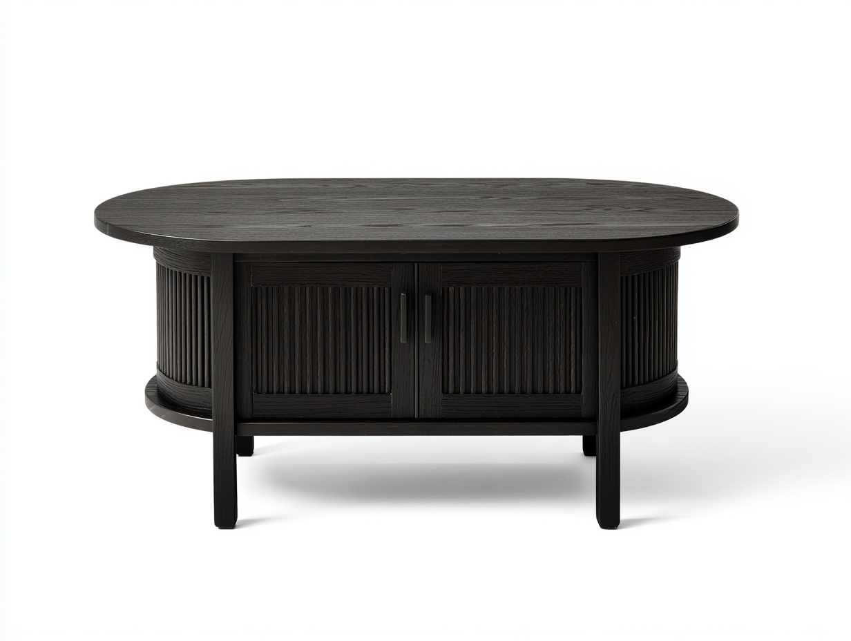 Couchtisch aus Holzwerkstoff 125 × 68 × 50 cm – Schwarz – oval mit zwei Türen-Janorvihaus