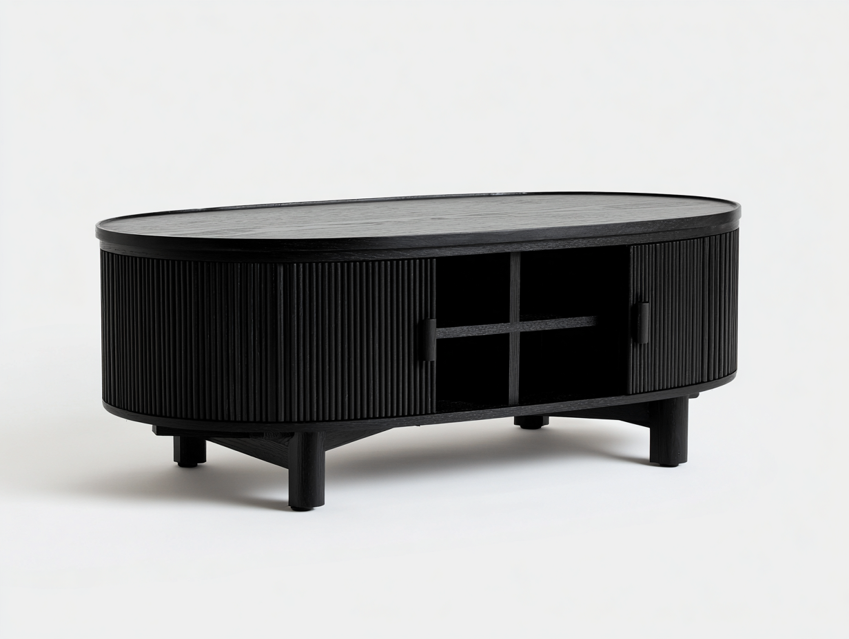 Couchtisch 130 × 65 × 45 cm Schwarz – oval mit Lamellenfront und vier offenen Fächern-Janorvihaus