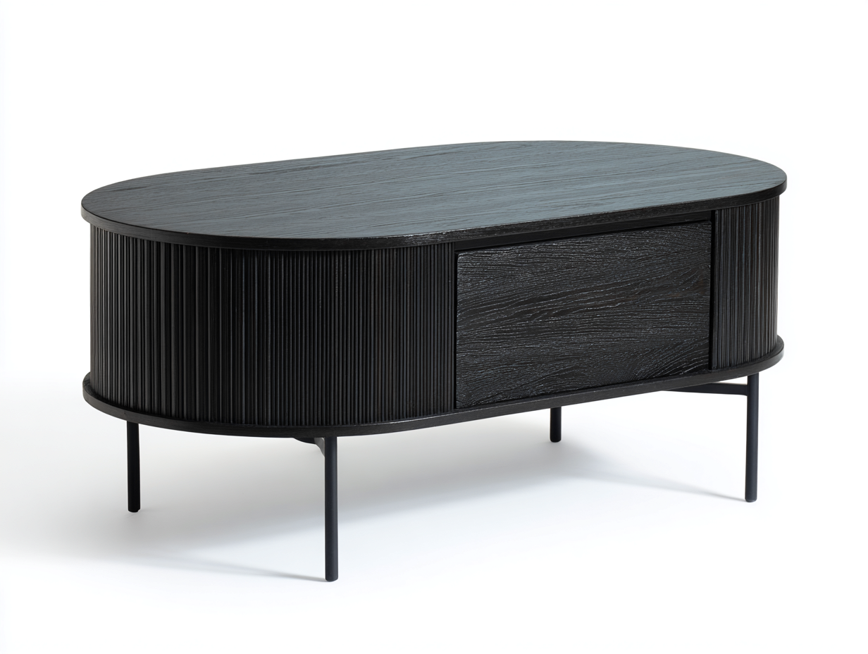 Couchtisch 120 × 60 × 46 cm Schwarz – Holzdekor mit Lamellenkorpus und Schranktür-Janorvihaus