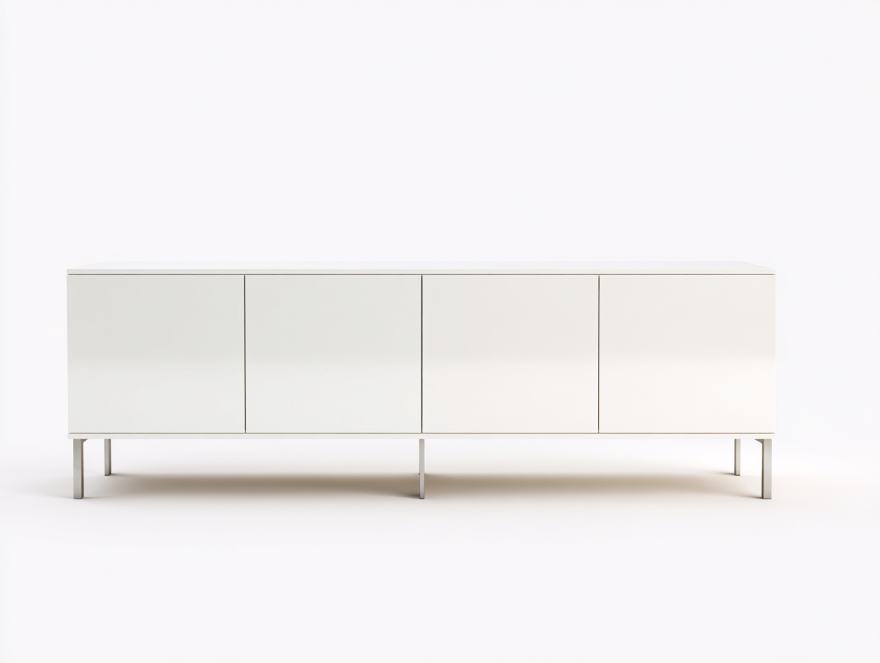 Lowboard aus Holzwerkstoff 200×42×58 cm Weiß-Silber für Wohnzimmer – 4 Türen im minimalistischen Design-Janorvihaus