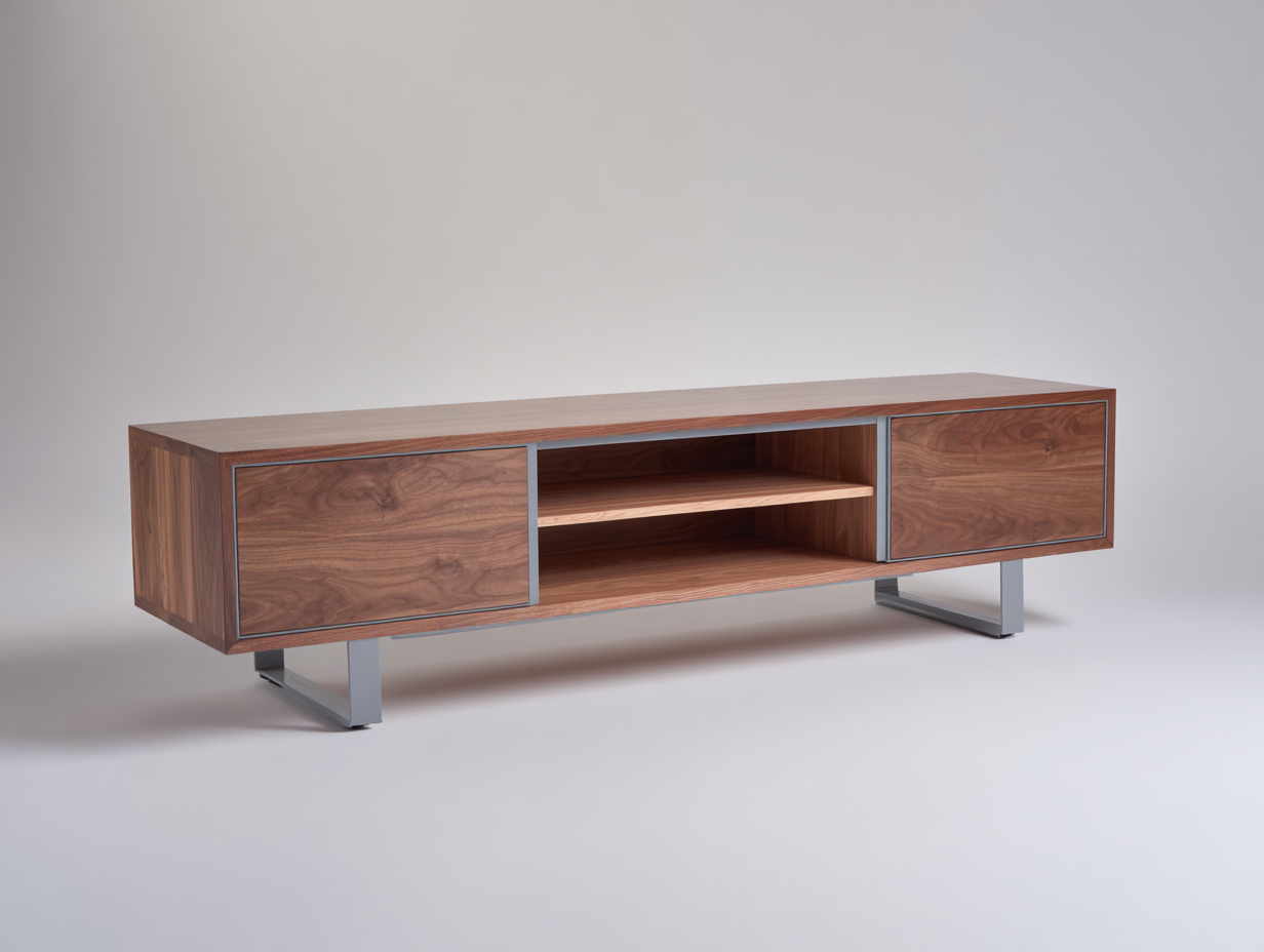 Lowboard Holz 180×40×50 cm Nussbraun-Silber für Wohnzimmer – mit 2 Türen und offenen Fächern-Janorvihaus
