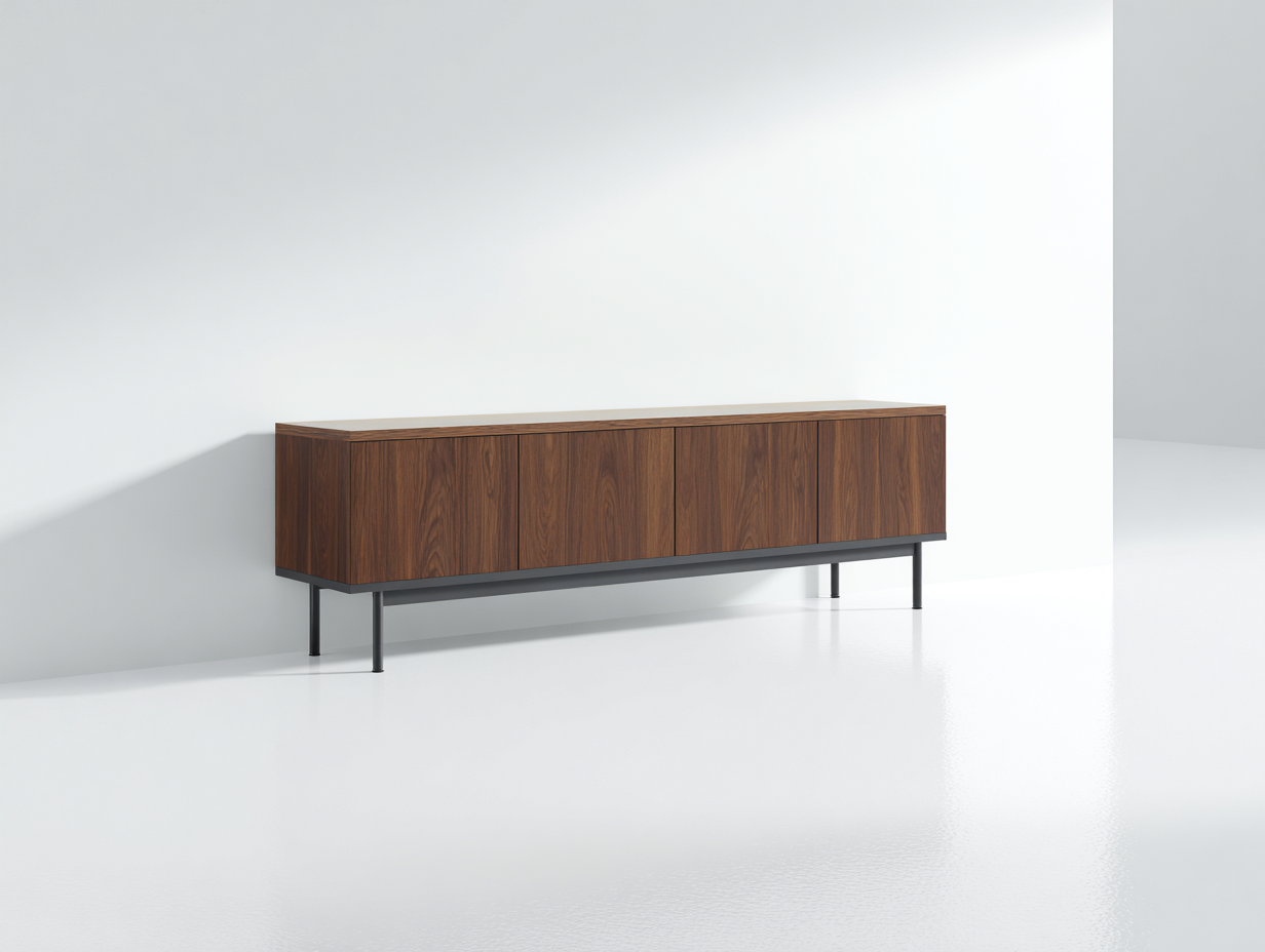 Lowboard Holzwerkstoff 210×42×62 cm Walnussbraun-Schwarz für Wohnzimmer – geschlossene Front mit 4 Türen-Janorvihaus
