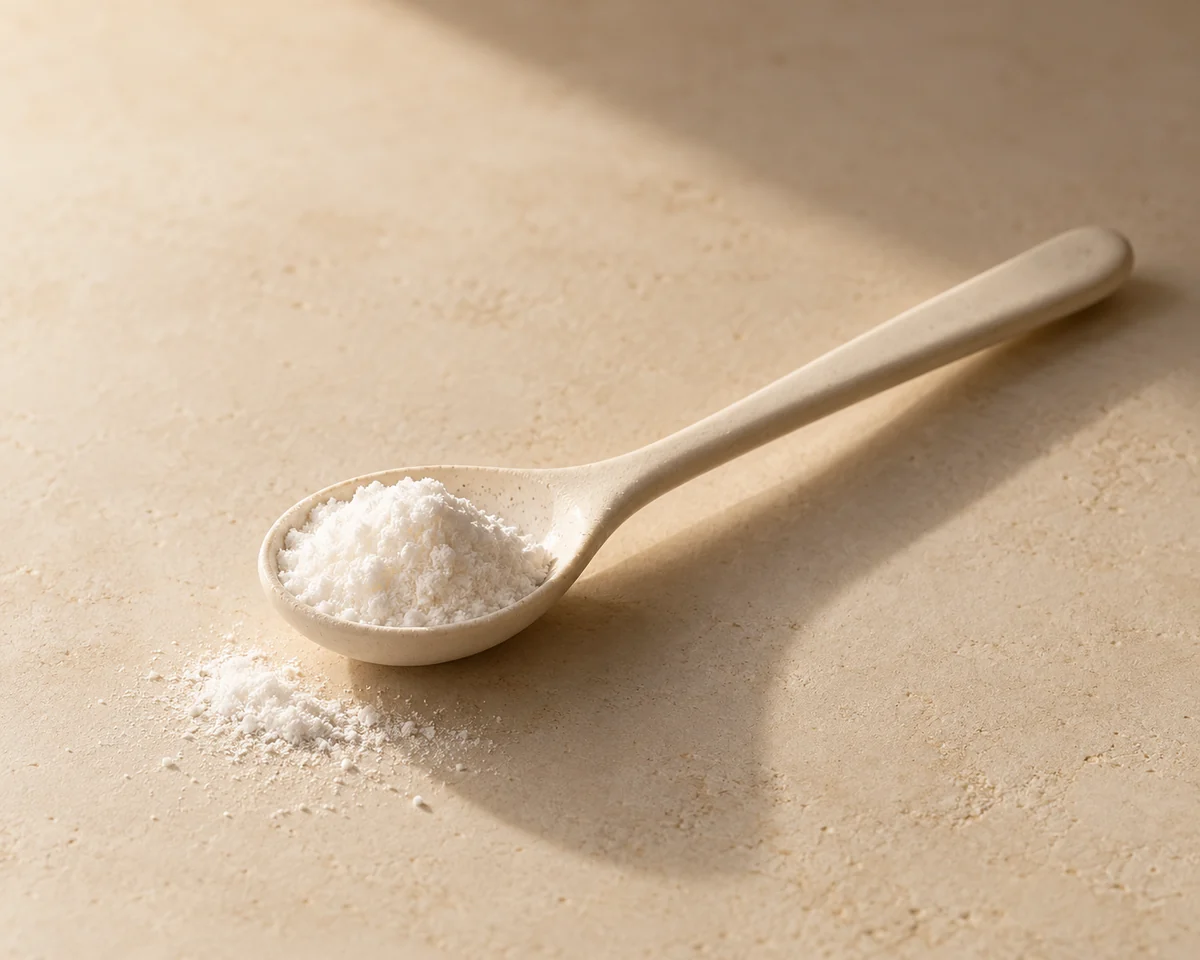 Ingredient-inspired still life: fine white powder in an ivory measuring spoon