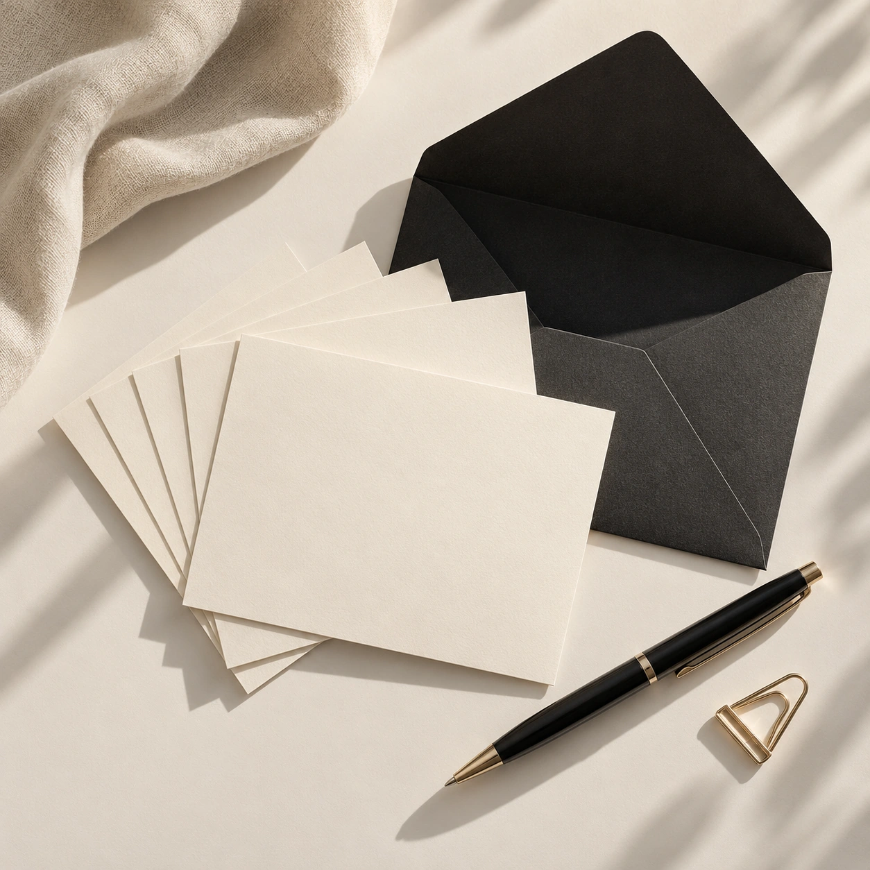 Cream correspondence cards, a black envelope and a gold-accented pen