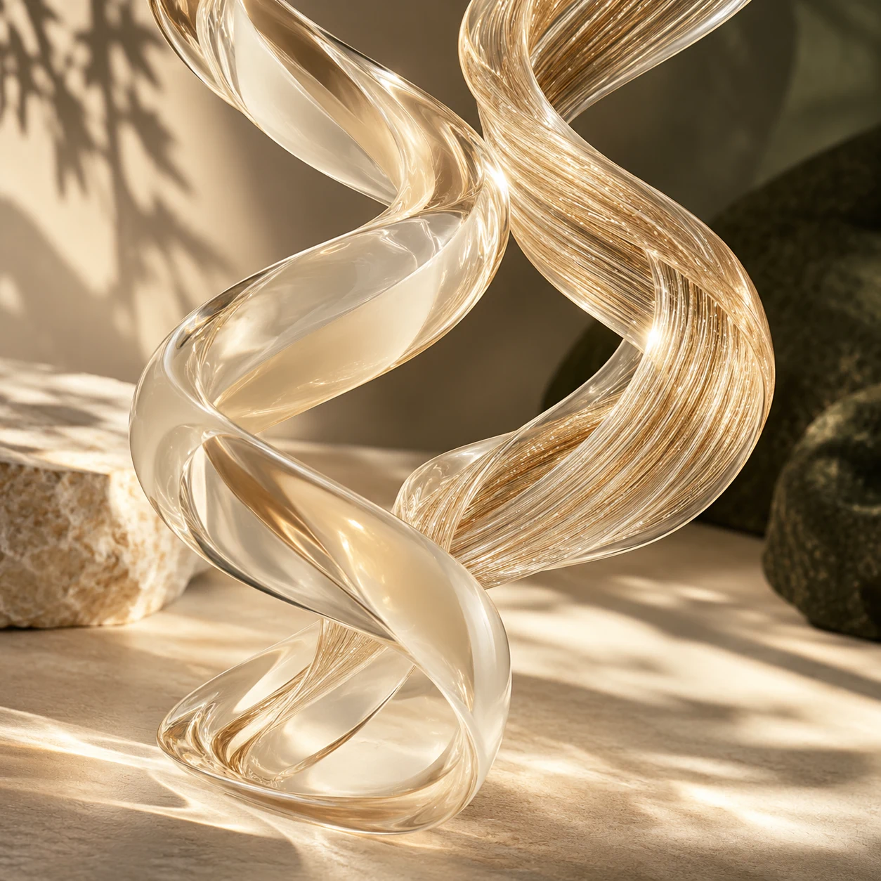 Two intertwined gold and glass ribbons illustrating two collagen ingredients