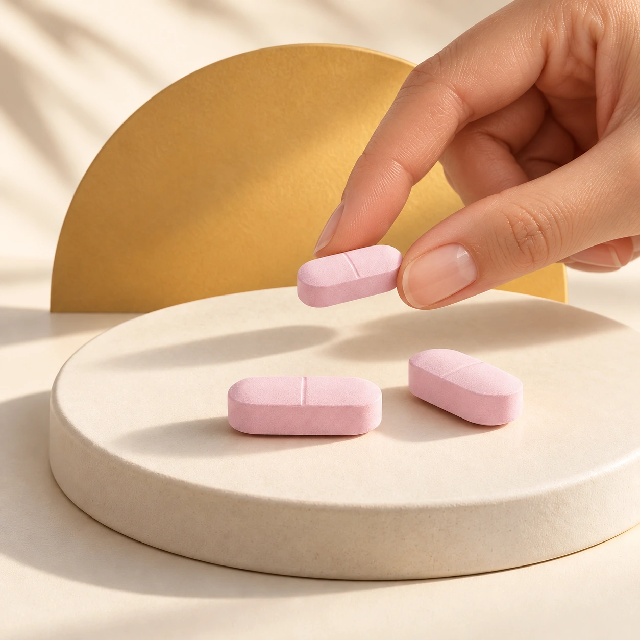 A hand picking up one pink scored AUJ tablet, with two on a cream platform