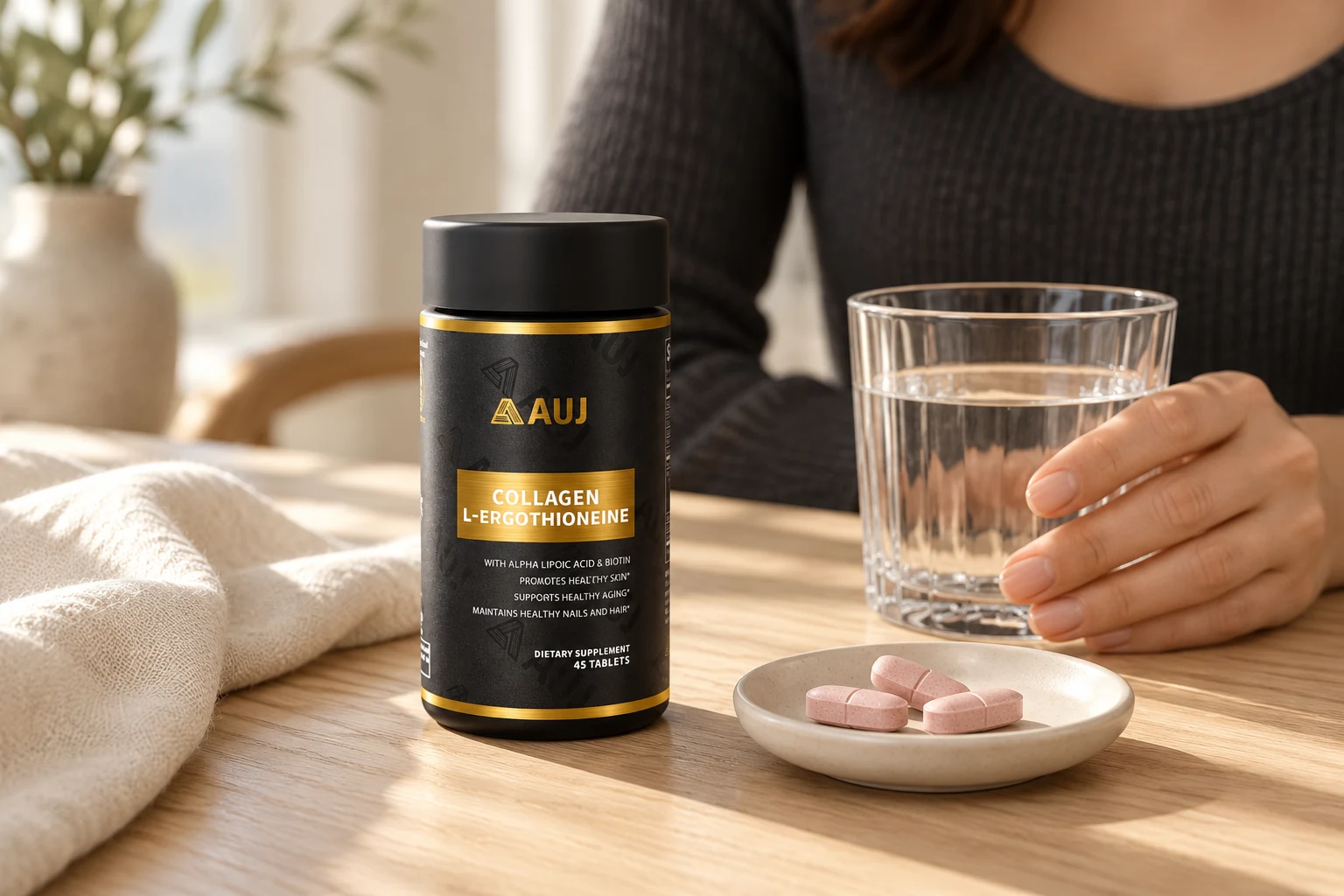 AUJ Black Gold Bottle, three pink tablets and a glass of water in a warm morning routine