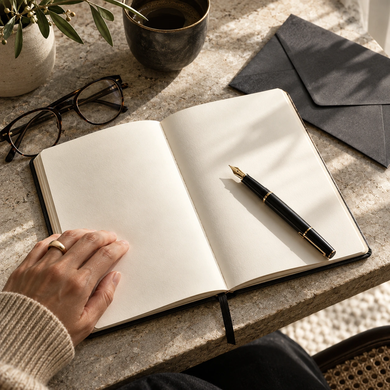 An open notebook with a gold-accented pen in warm afternoon light
