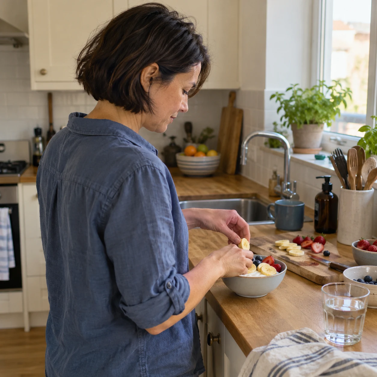 A candid breakfast-preparation moment in a home kitchen
