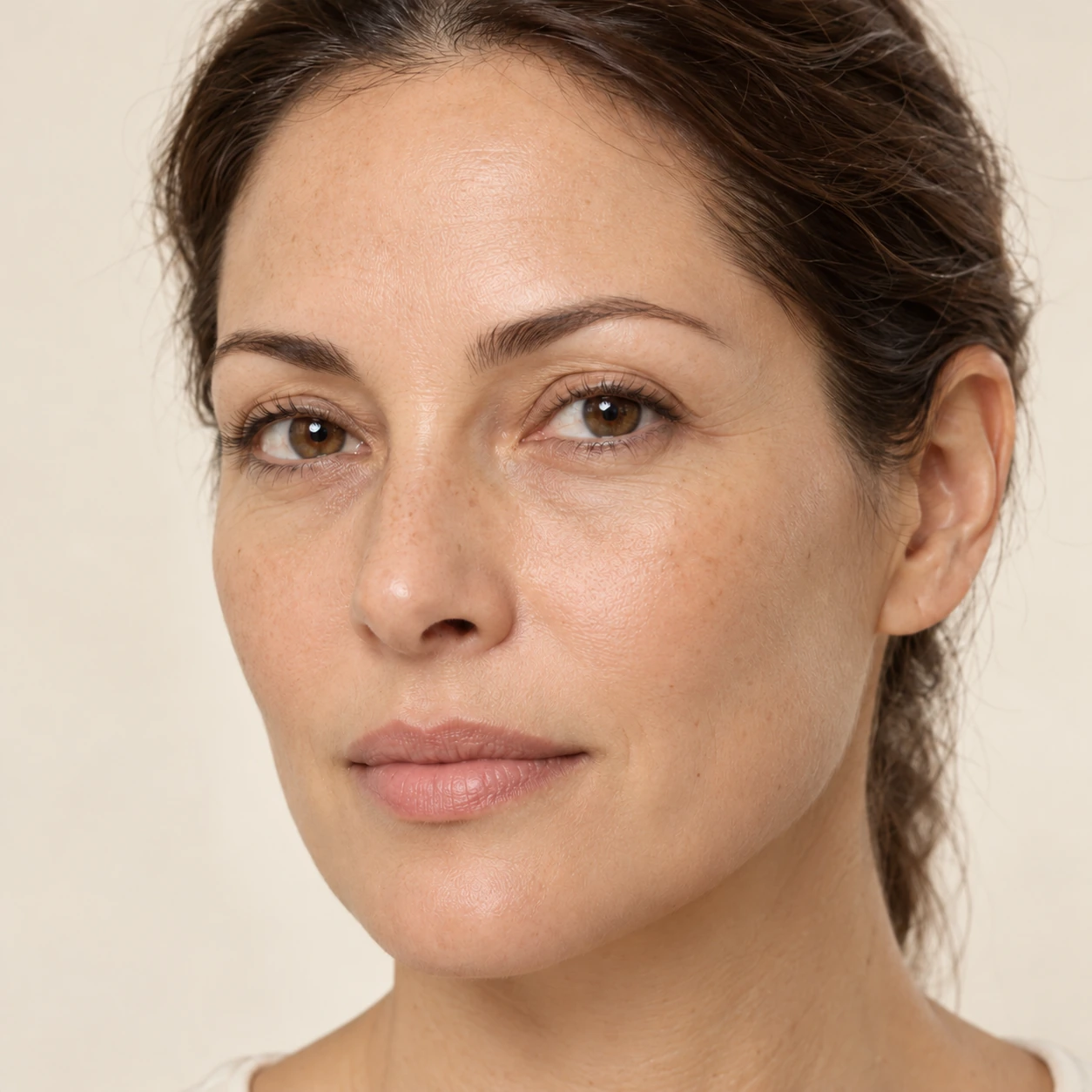 AI-generated concept of the same woman with subtly softer-looking skin; not an actual product result