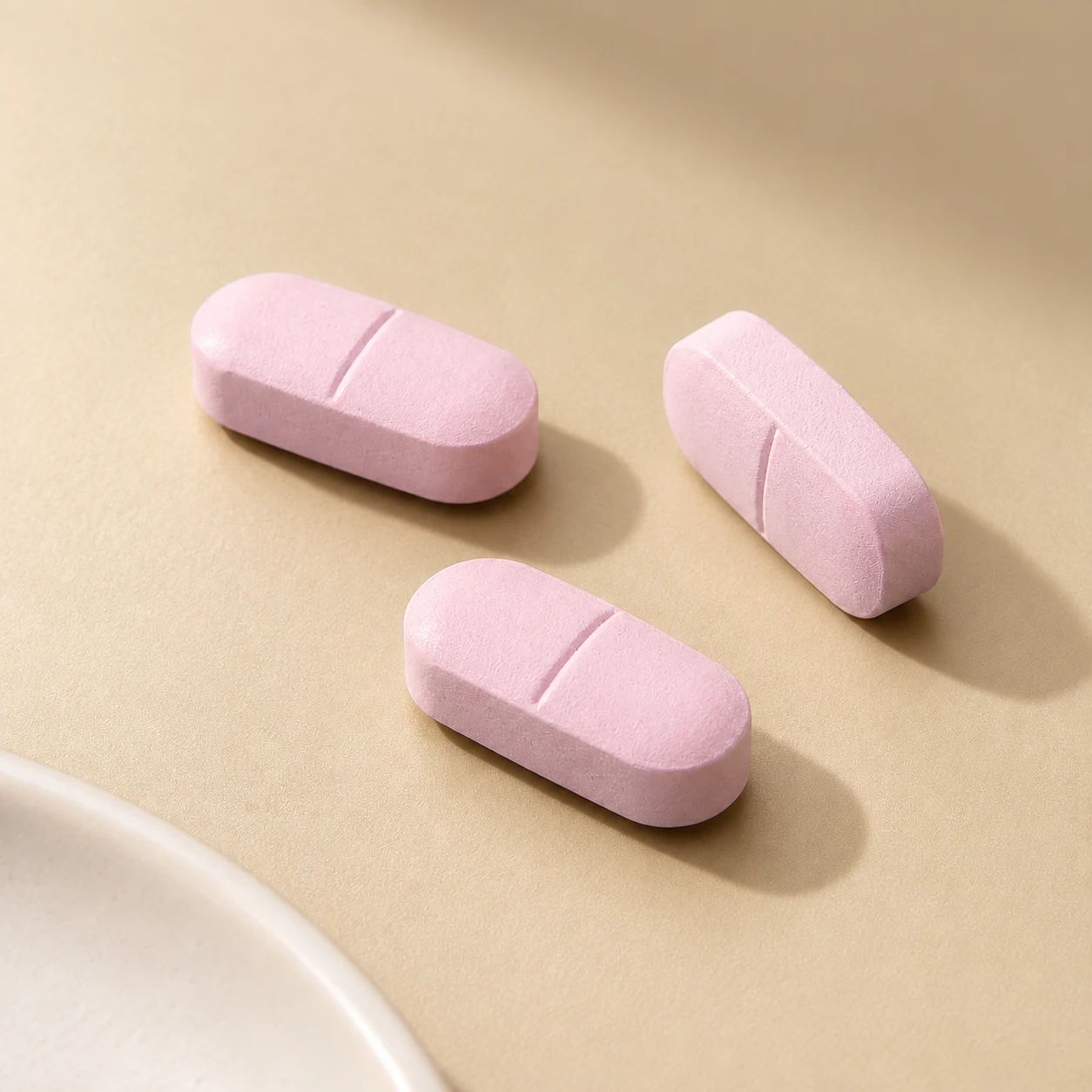 Three pink tablets on a warm cream surface
