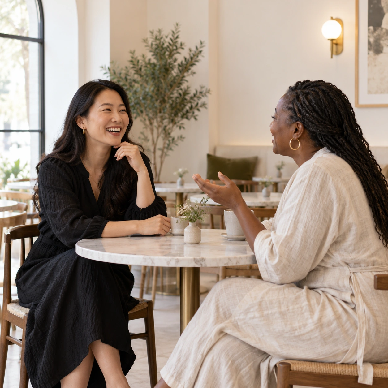 An illustrative scene of two women sharing a conversation over coffee