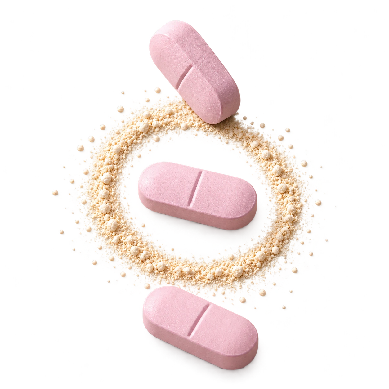 Concept still life of three pink tablets and a ring of fine powder