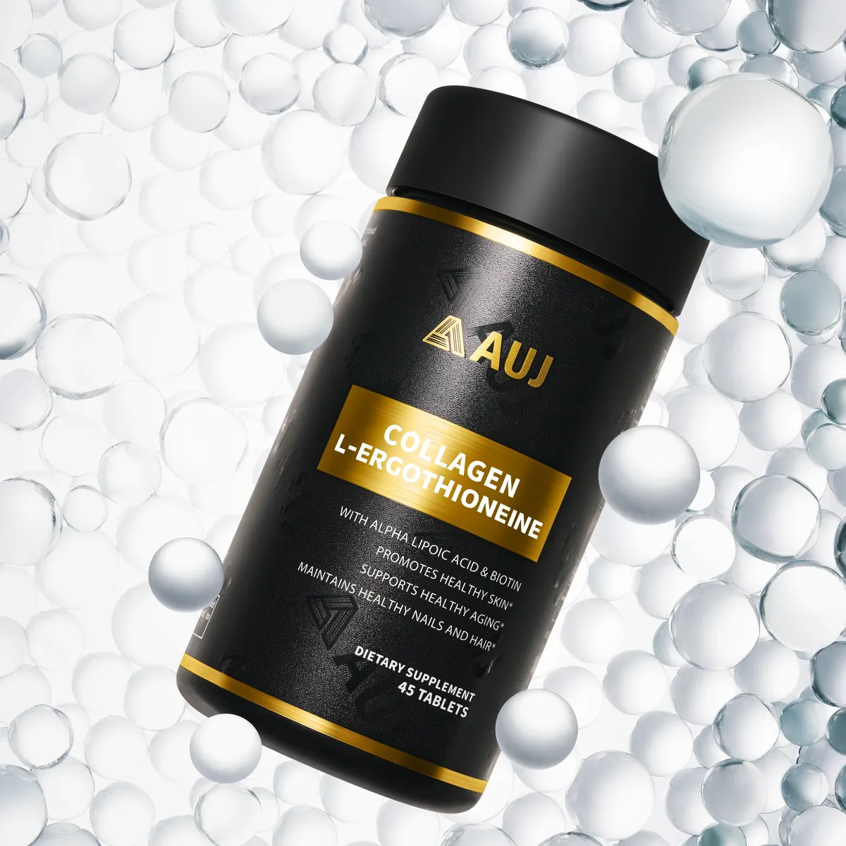 AUJ Black Gold Bottle surrounded by clear bubbles