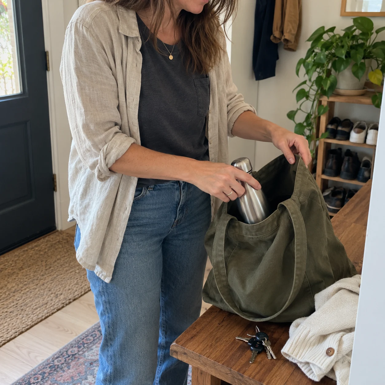 Getting ready for a walk with a water bottle and canvas tote