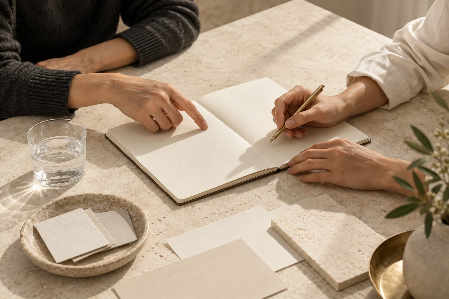 An illustrative close-up of two people developing ideas together around an open notebook