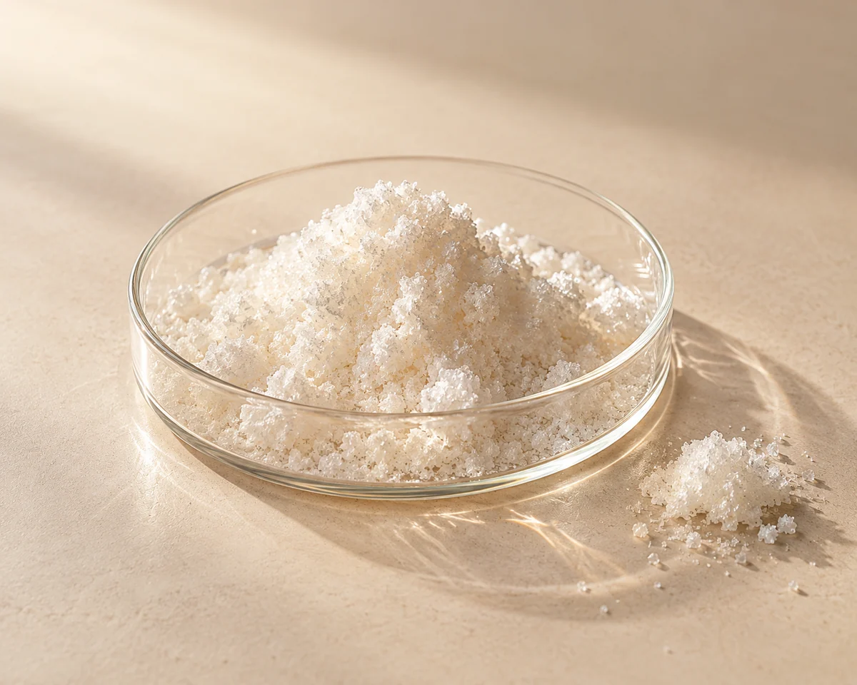 Ingredient-inspired still life: ivory crystals in a clear glass dish