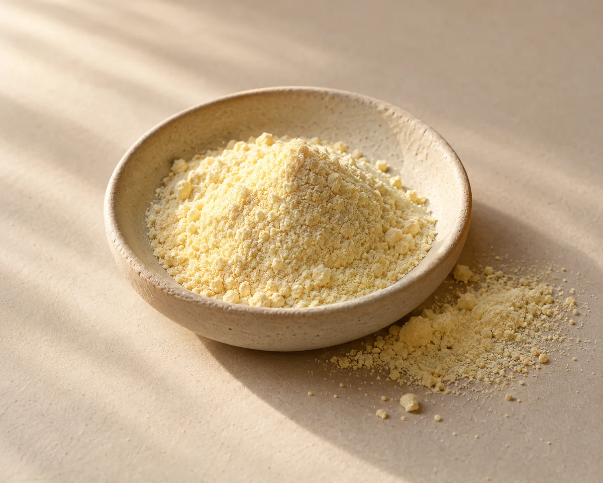 Ingredient-inspired still life: pale gold powder in a ceramic dish