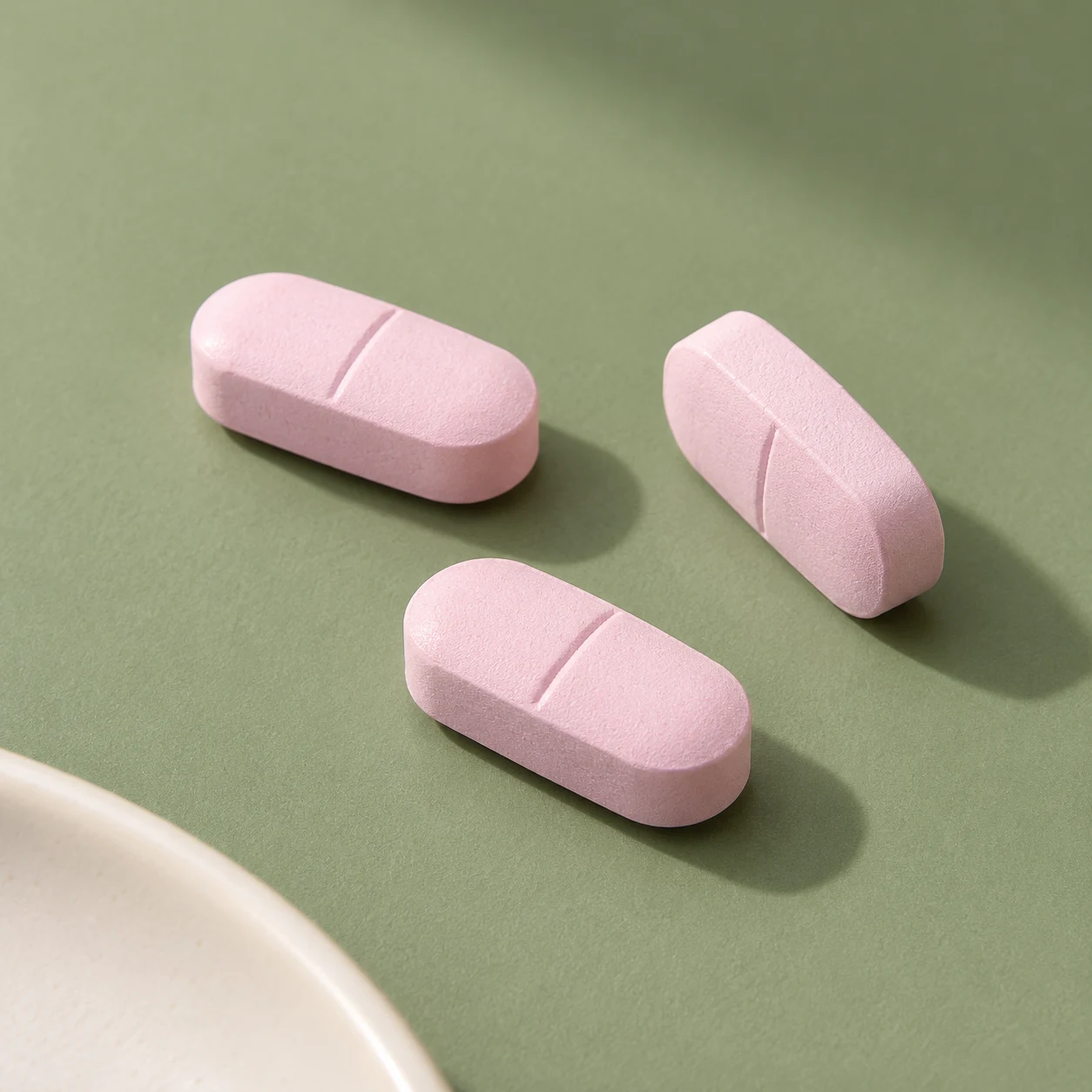 Three pink scored AUJ tablets representing one daily serving