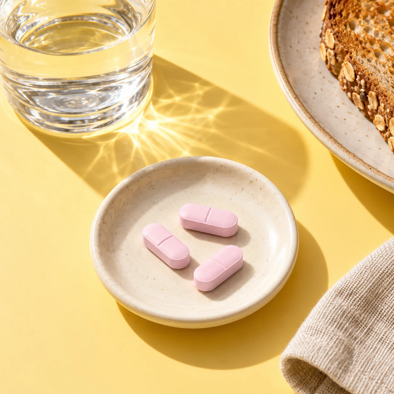 Three pink AUJ tablets on a saucer beside water and a breakfast plate