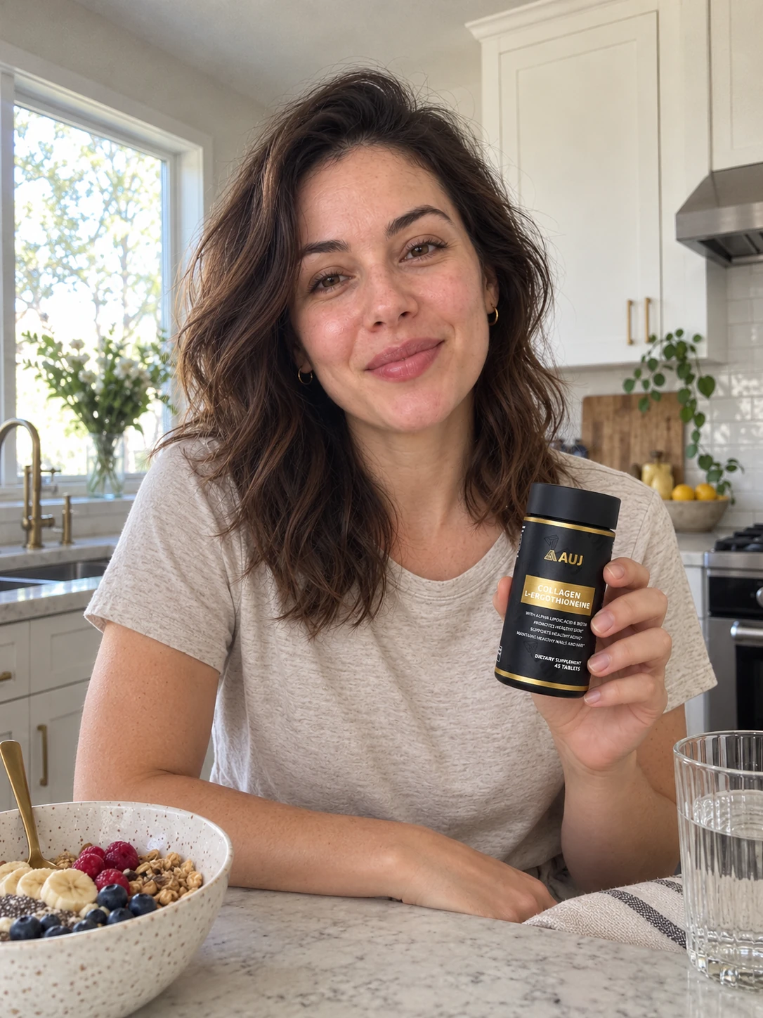 AI concept: a woman introducing the AUJ Black Gold Bottle at her kitchen counter