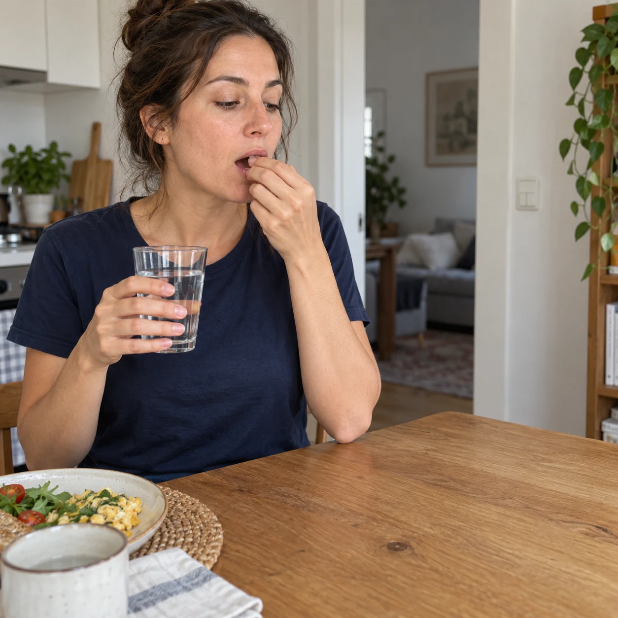 A daily tablet and water moment at breakfast