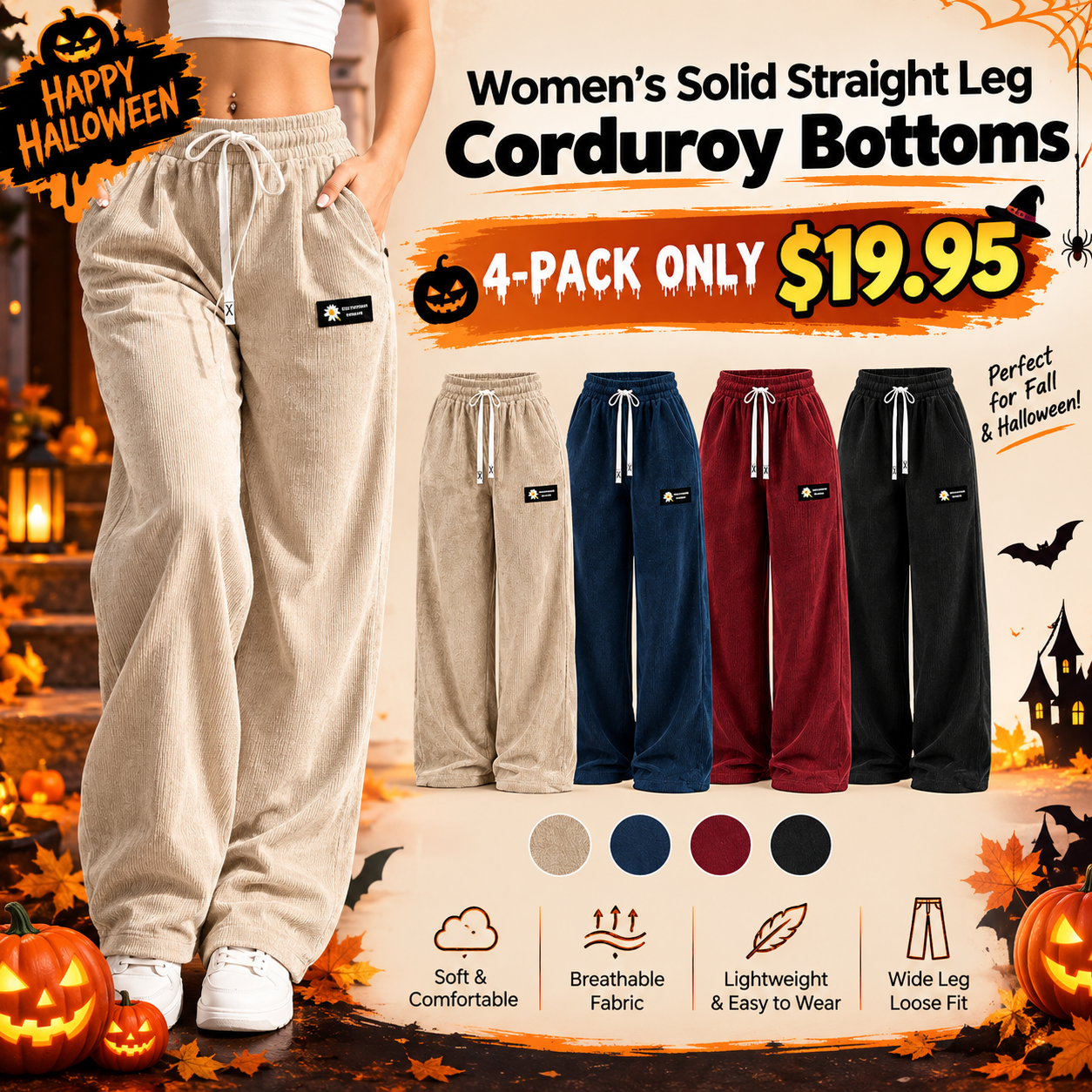 ✨Halloween SALE✨Women's Solid Straight Leg Corduroy Bottoms-100% Cotton