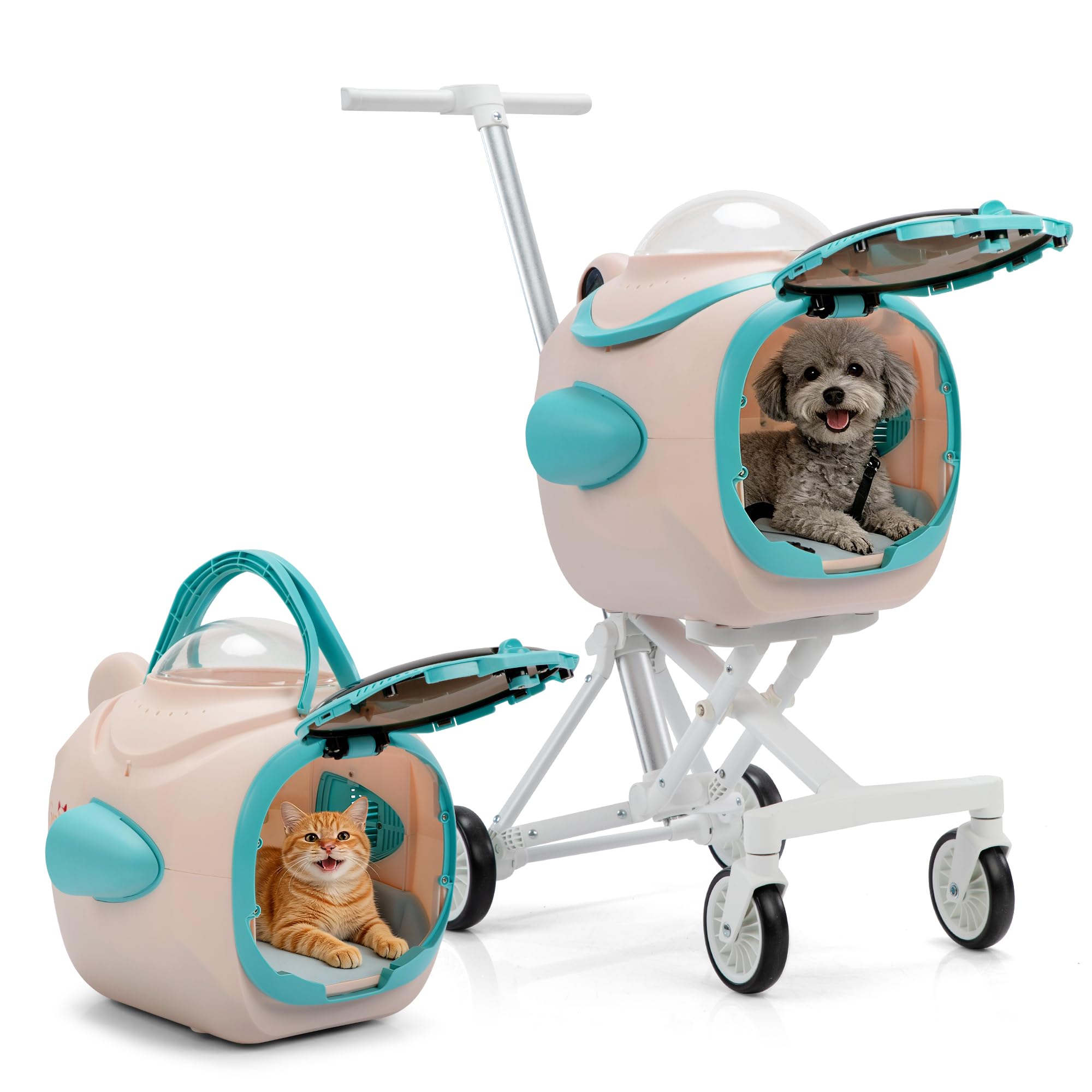 Dog Pet Stroller with Cooling Exhaust Fan, Foldable 4-Wheel Cat Stroller Car Seat with Temperature Display Anti-Irritation Privacy Barrier
