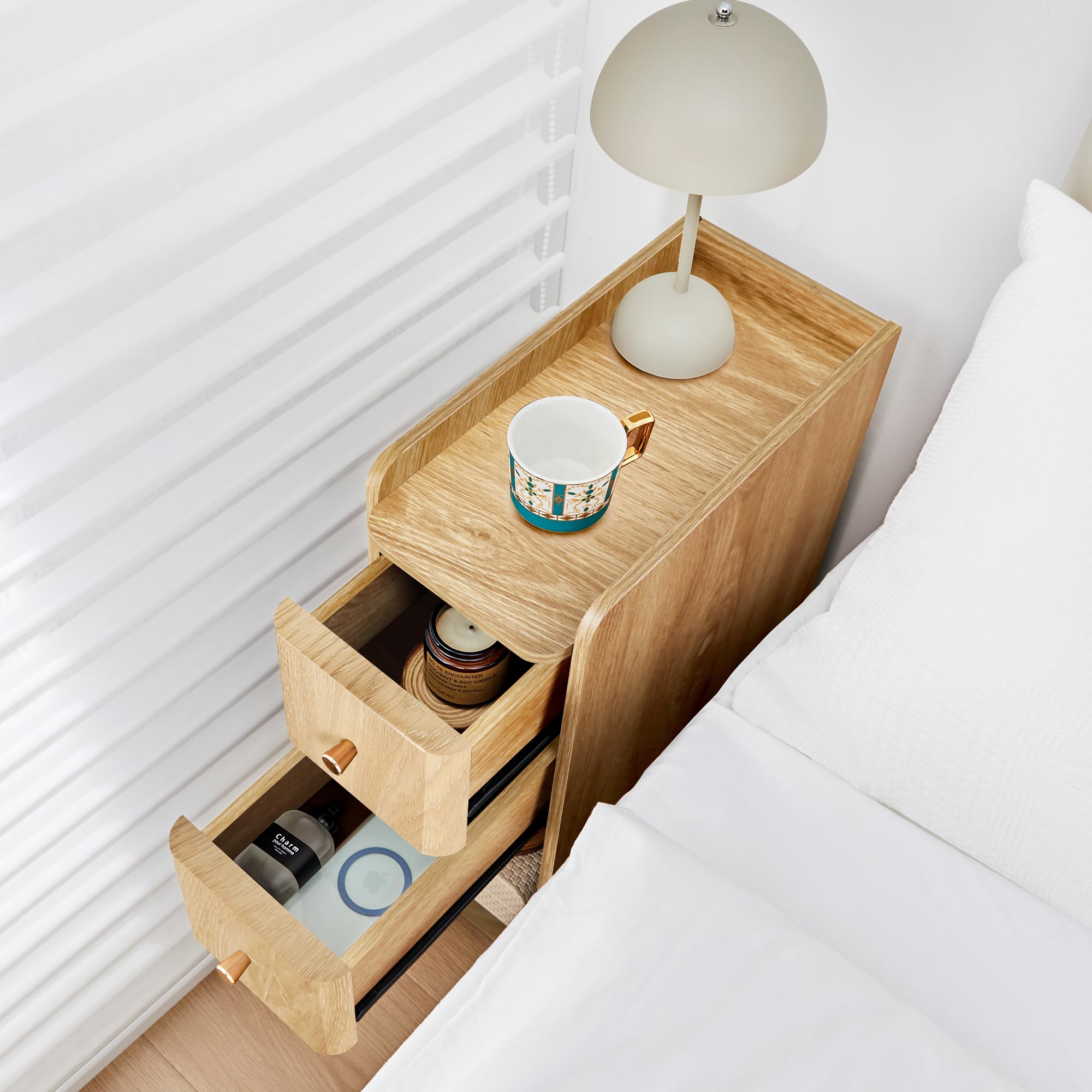 Narrow Nightstand Set of 2, Skinny Bedside Table, Mid Century Modern Night Stand with Drawers for Bedroom