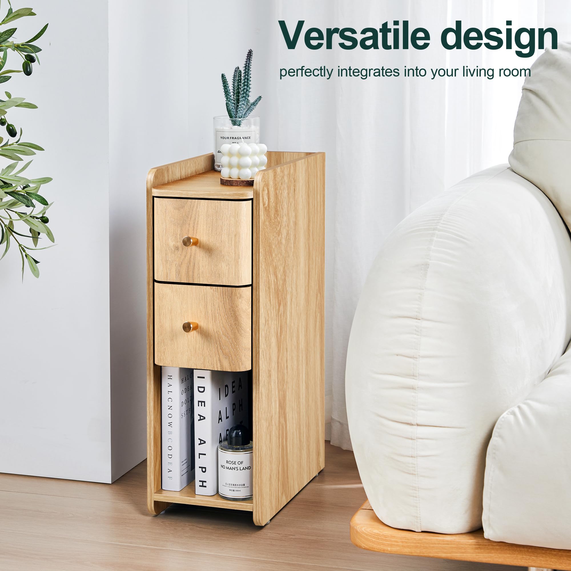Narrow Nightstand Set of 2, Skinny Bedside Table, Mid Century Modern Night Stand with Drawers for Bedroom
