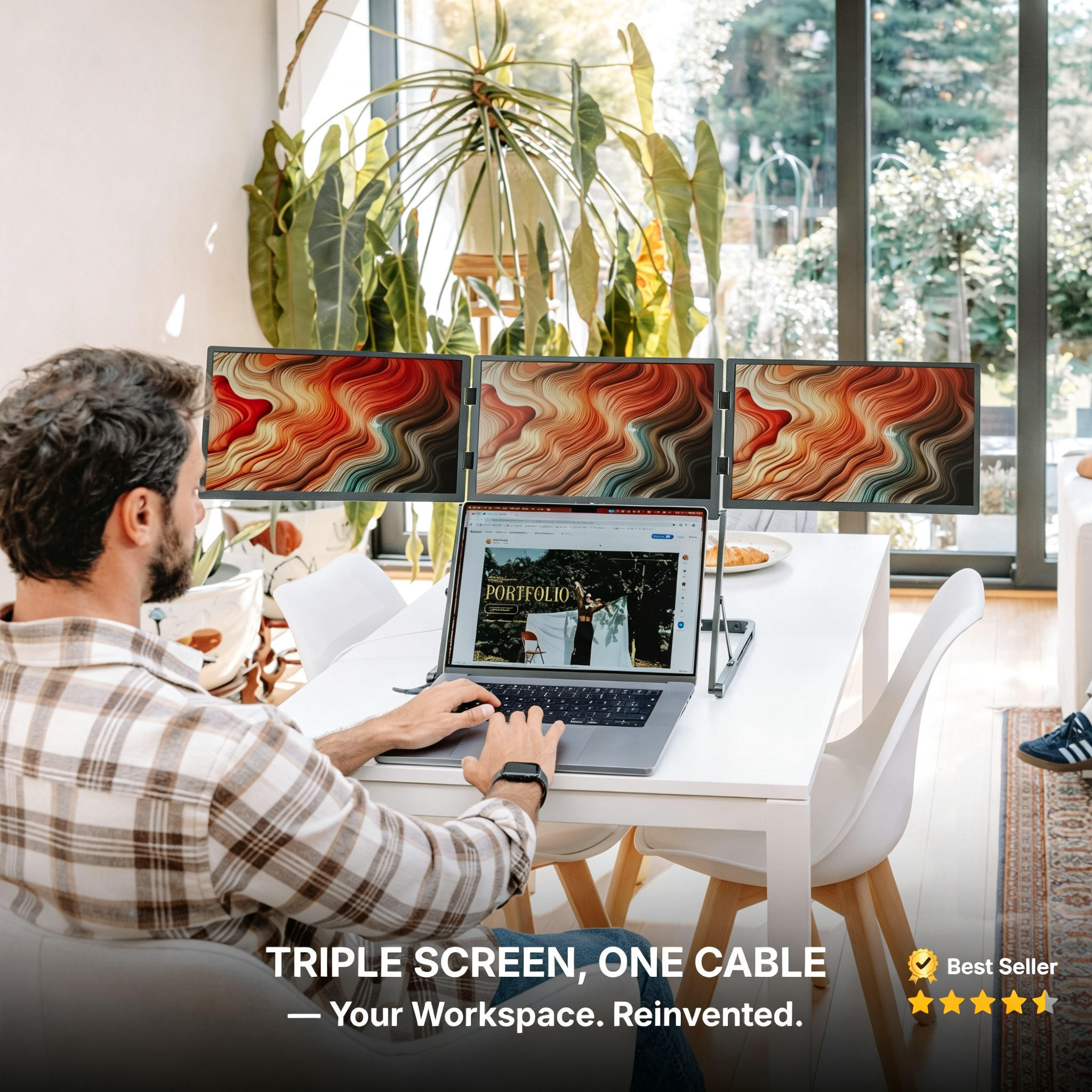 Fold‑Out Triple Portable Monitor for Laptops, 1080P Full HD 3‑Screen Workstation, Adjustable Aluminum Stand, Plug‑and‑Play for Most Laptops