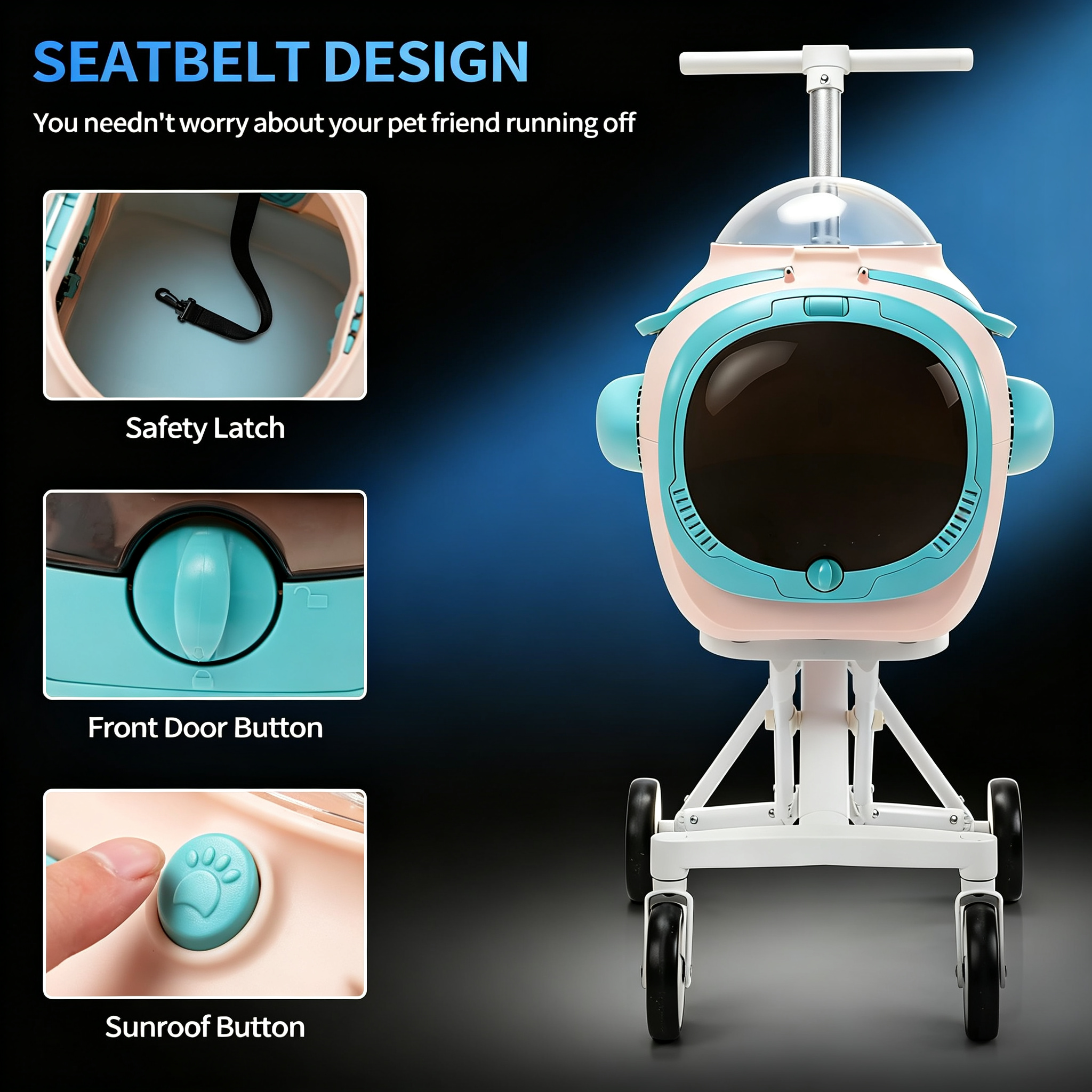 Dog Pet Stroller with Cooling Exhaust Fan, Foldable 4-Wheel Cat Stroller Car Seat with Temperature Display Anti-Irritation Privacy Barrier