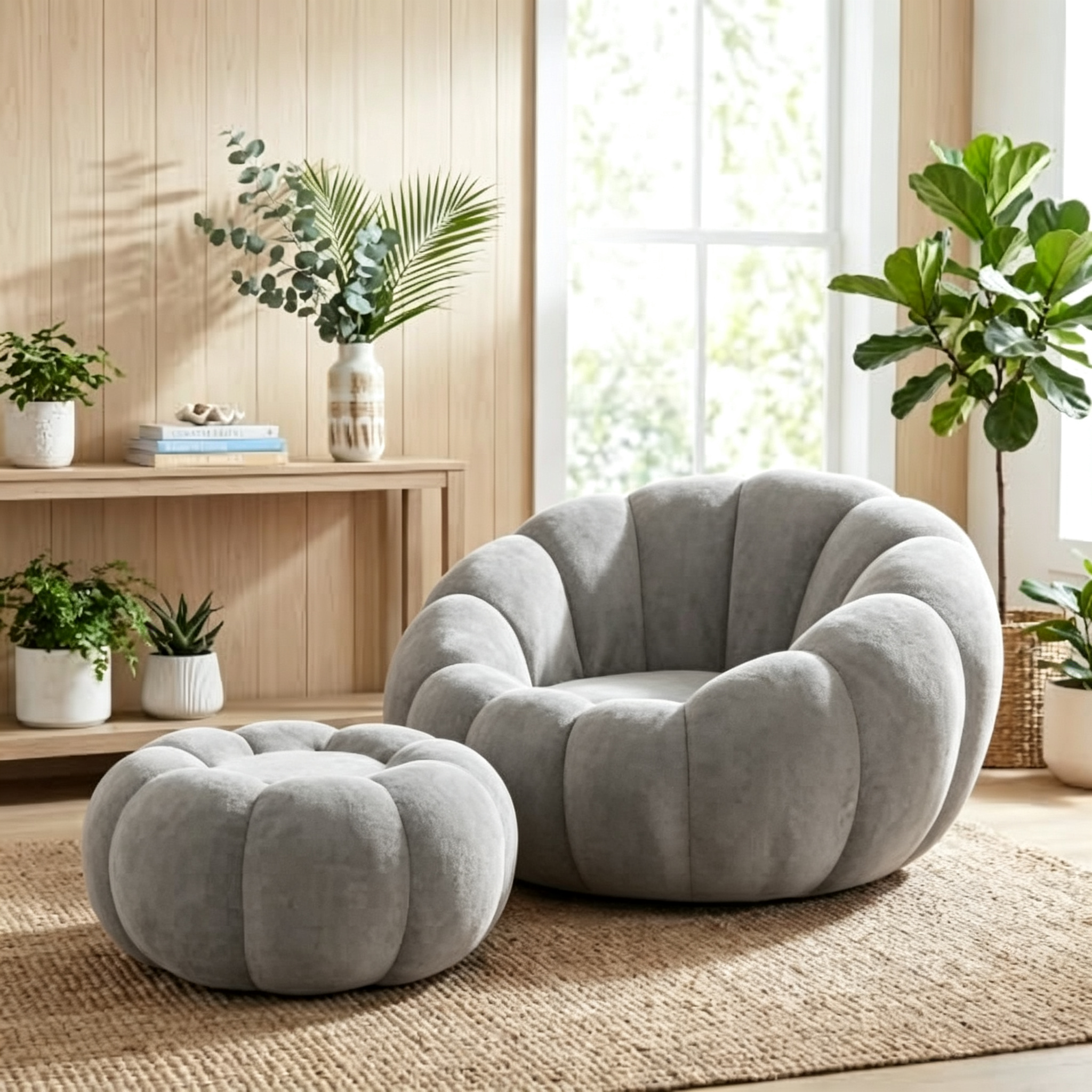 Oversized Pumpkin Accent Chair – 42" Floor Sofa with Memory Foam & Ottoman, No Assembly
