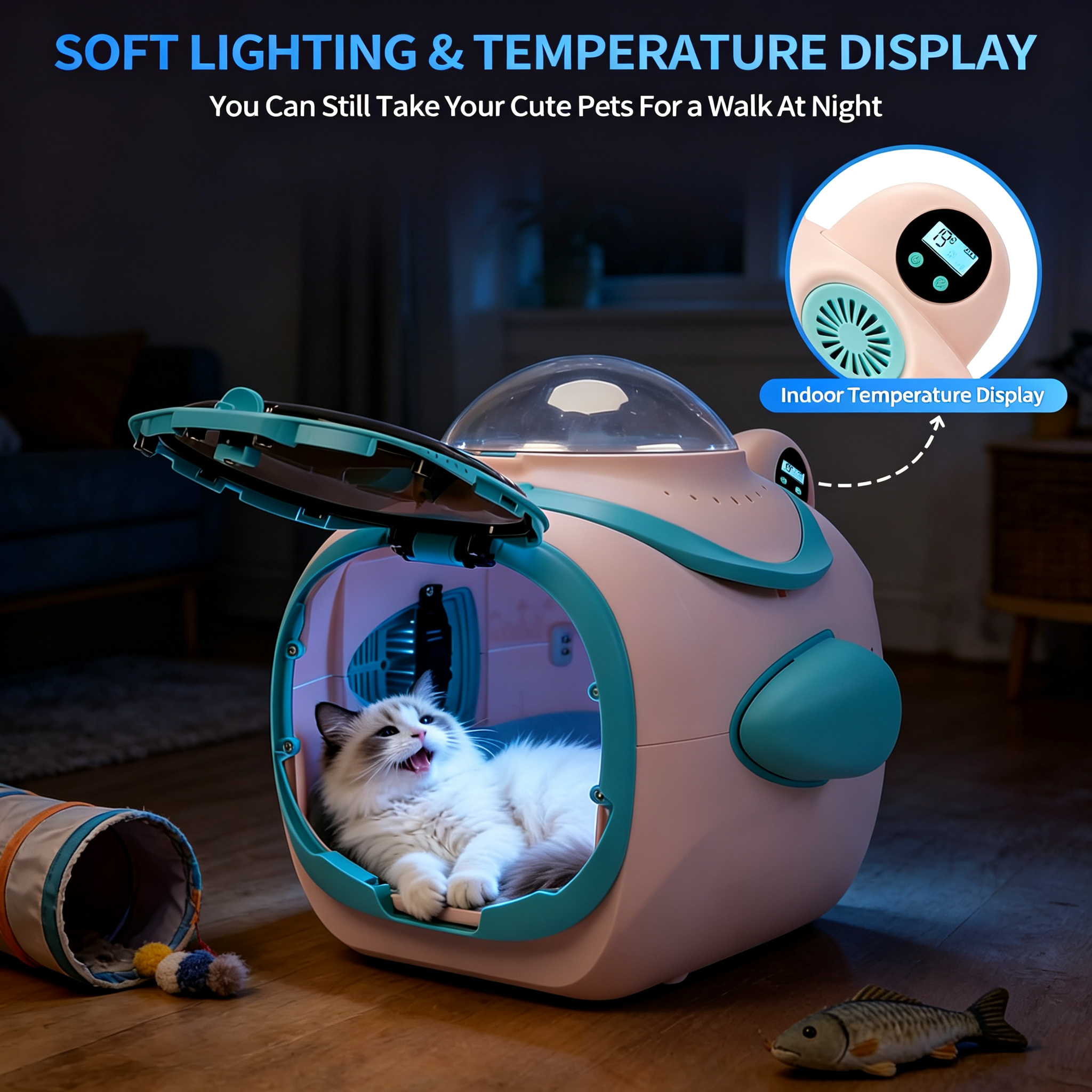 Dog Pet Stroller with Cooling Exhaust Fan, Foldable 4-Wheel Cat Stroller Car Seat with Temperature Display Anti-Irritation Privacy Barrier