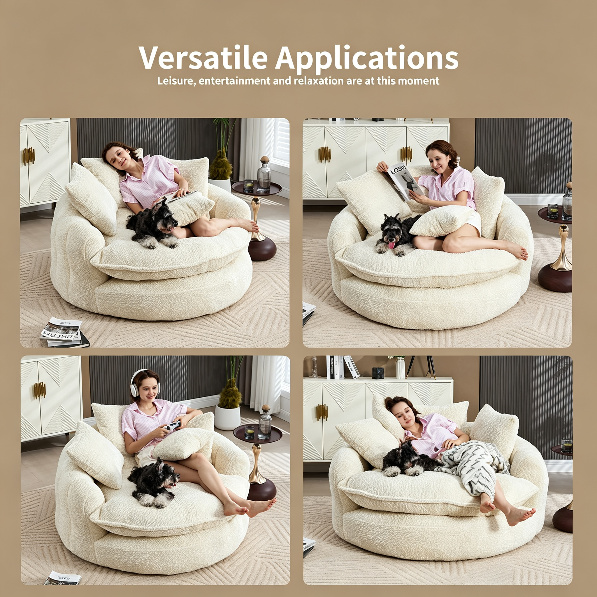 Oversized Chenille Round Sofa, Fluffy Reading Chair for Living Room